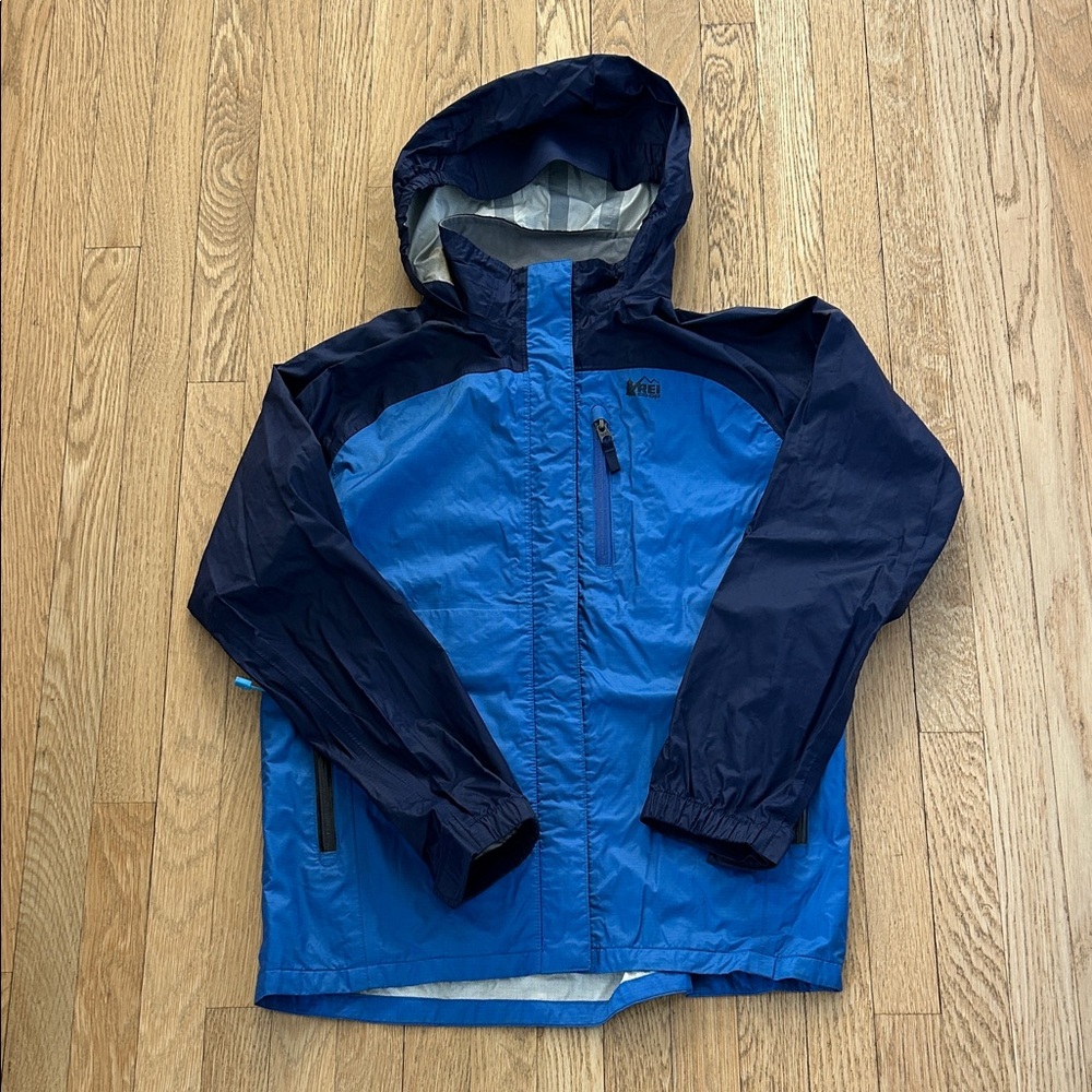 REI COOP Two-Tone Blue Hooded rain Jacket size large (14-16)